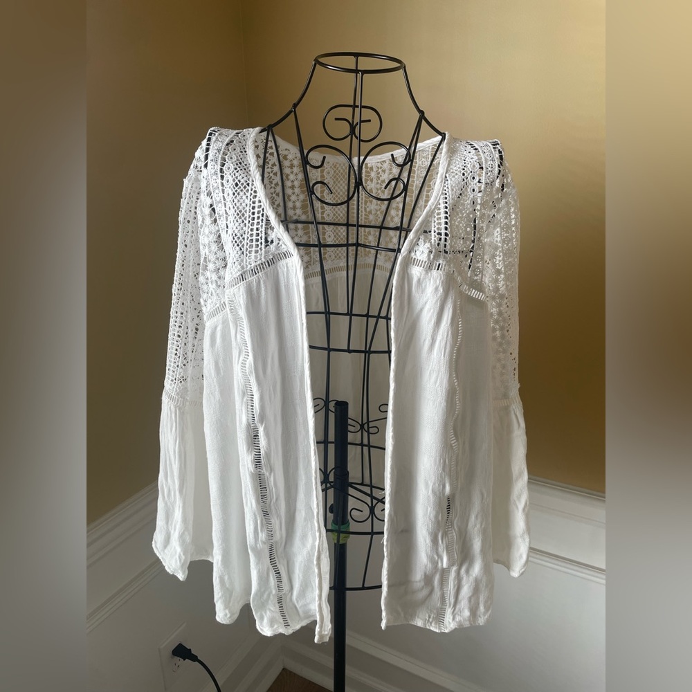 White Crochet Trim Open Front Cardigan